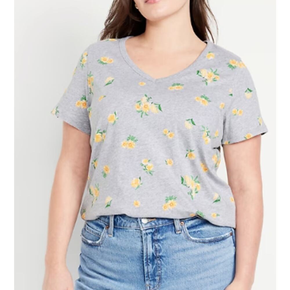 Old Navy Yellow Daisy Gray EveryWear VNeck TShirt Tee Top NEW Women Large